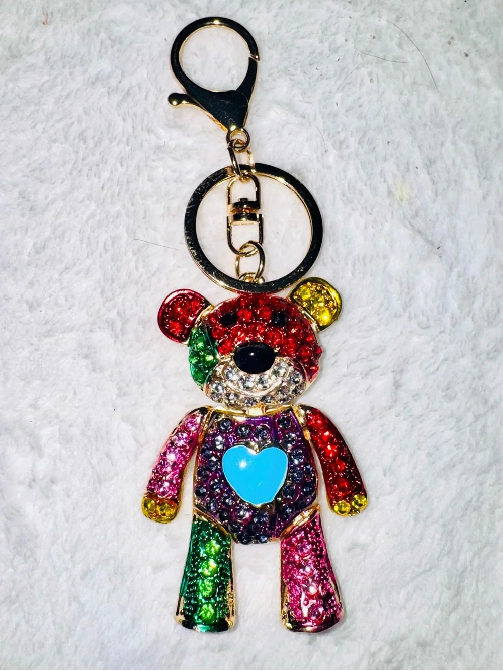 Unbranded Sparkling Multicolor Teddy Bear Keychain with Blue Heart new